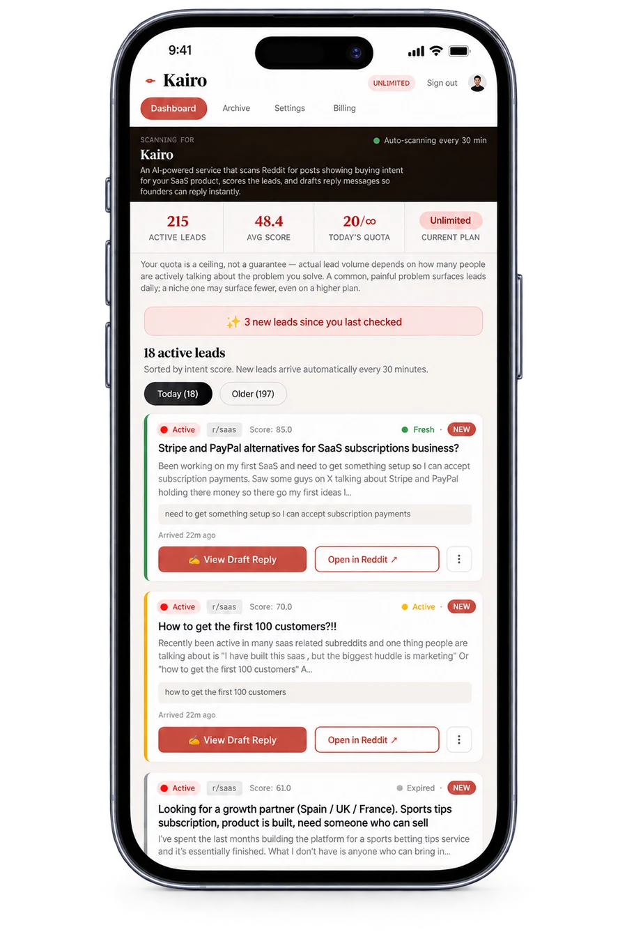 Kairo dashboard showing real Reddit leads sorted by intent score, with one-click draft replies